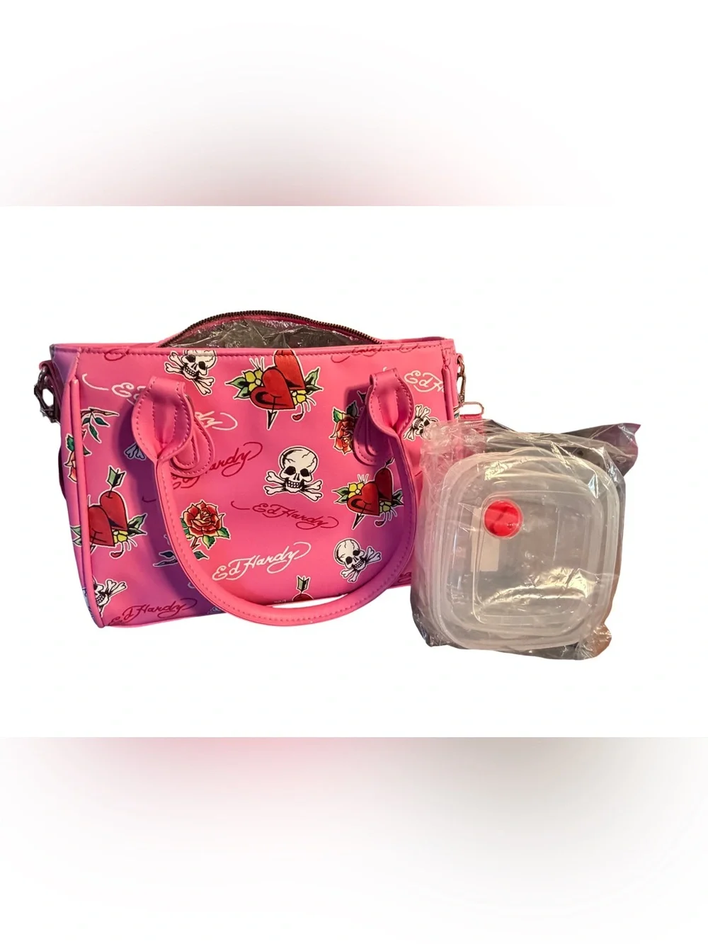 Ed Hardy NWT Pink Tattoo-Print Insulated Lunch Satchel  Detachable Strap (P245)